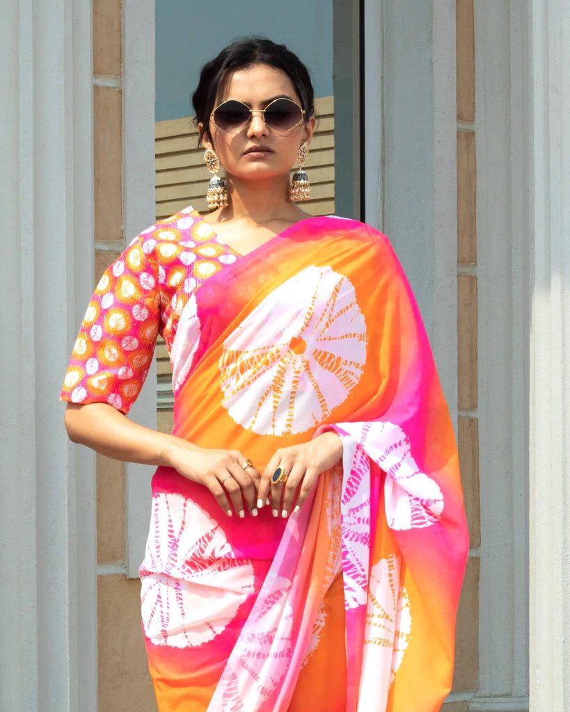 Gf Batik Print Satin Gerorgette Saree Collection