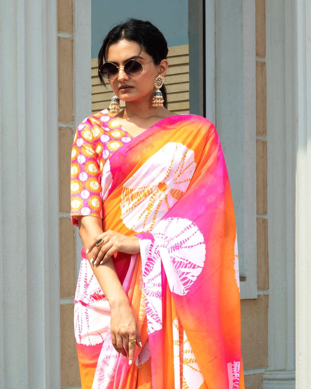 Gf Batik Print Satin Gerorgette Saree Collection