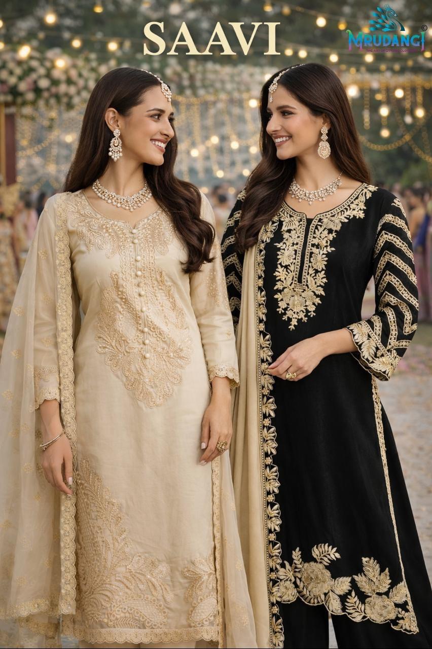 Mrudangi Saavi Chinon Silk Embroidery Top Plazzo With Dupatta