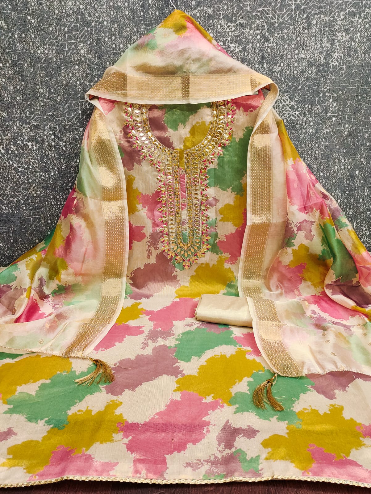 Designer Jashn Simmer Silk Digital Print Kodding Gotapatti Work Dress Material Collection