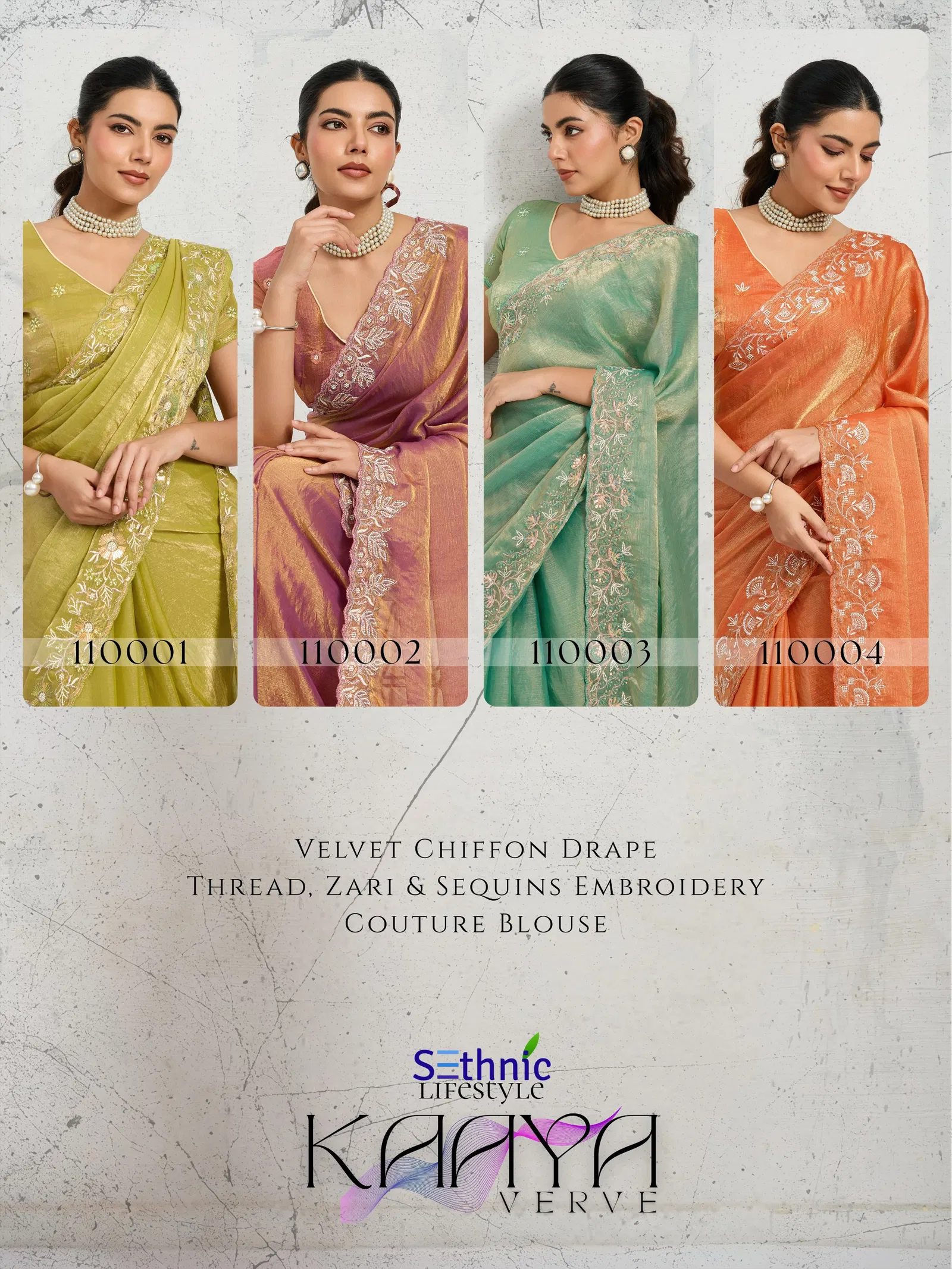 Sethnic Kaaya Verve Chiffon Velvet With Embroidered Saree Collection