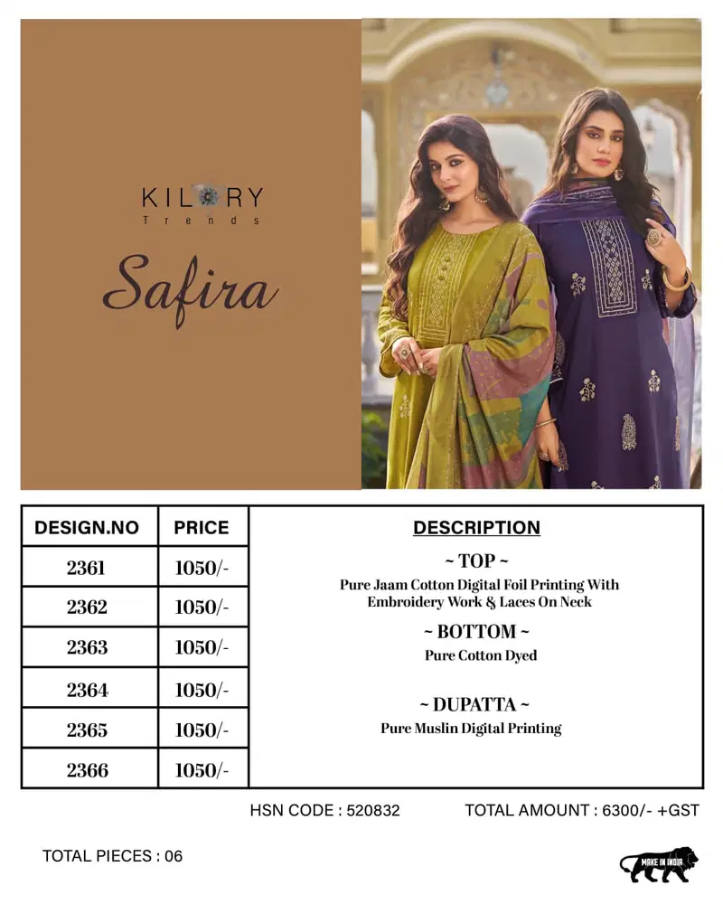 Kilory Safira Jam Cotton With Digital Print Embroidery Salwar Kameez