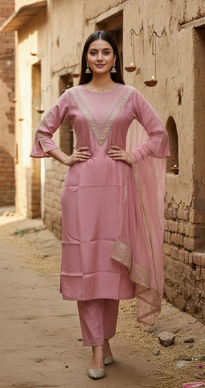 Navya Kurti 213 Party Wear Embroidery Worked Cotton Silk Kurti with Pant and Dupatta Set