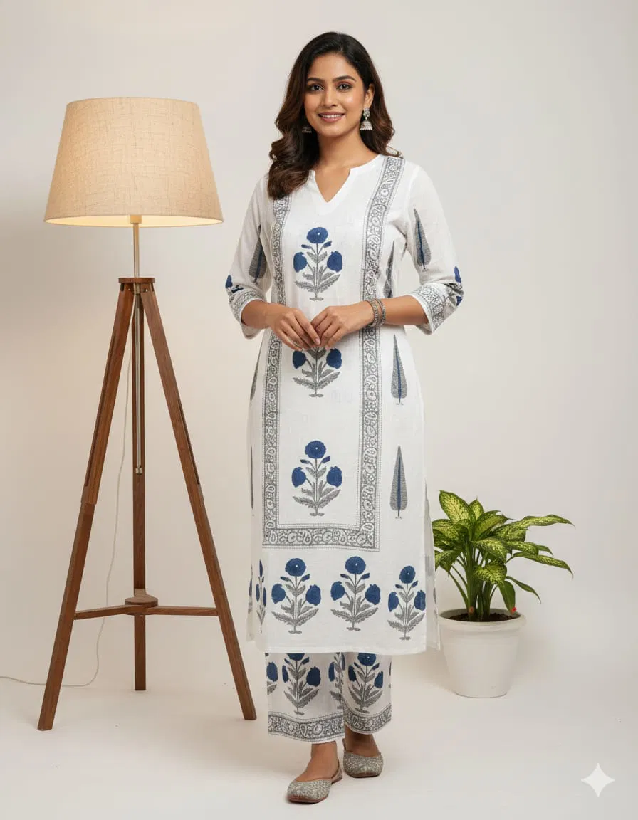 Naisha K 640 Cotton With Hand Block Print Kurti And Pant Collection