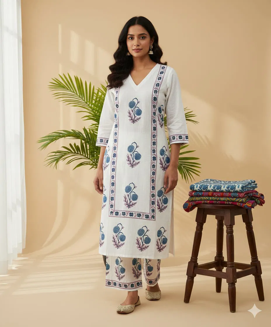 Naisha K 640 Cotton With Hand Block Print Kurti And Pant Collection