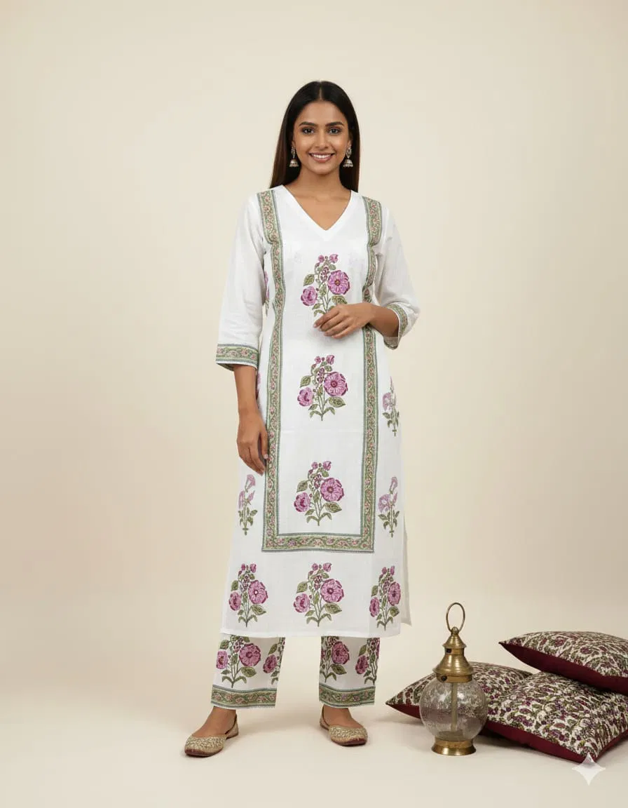 Naisha K 640 Cotton With Hand Block Print Kurti And Pant Collection