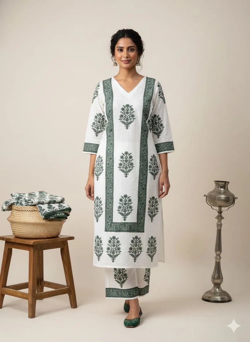 Naisha K 640 Cotton With Hand Block Print Kurti And Pant Collection