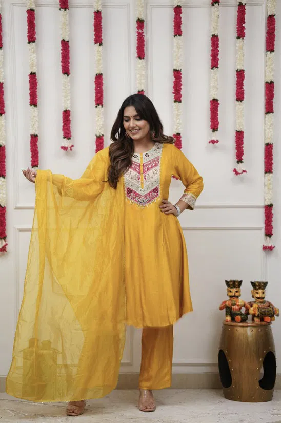 Devpoonam 01 Chanderi With Embroidered Work Kurti Pant And Dupatta