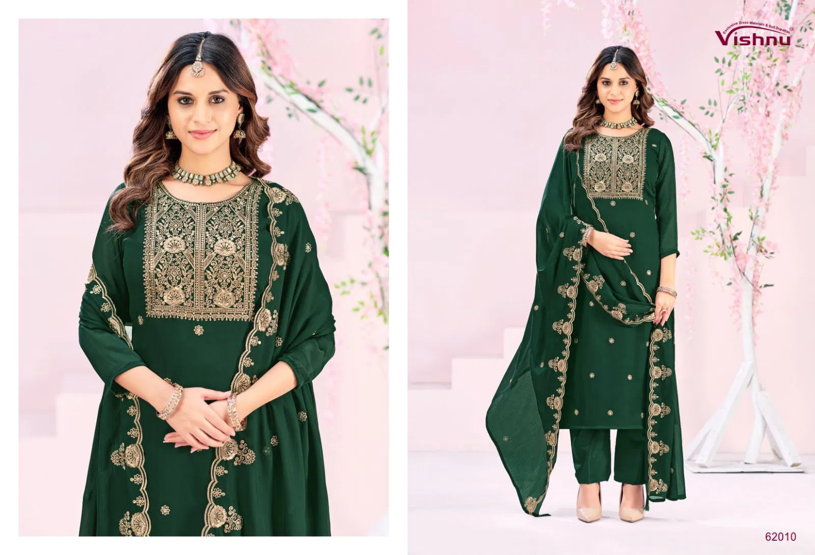 Vishnu Rubeena Satin Chiffon With Fancy Work Dress Material