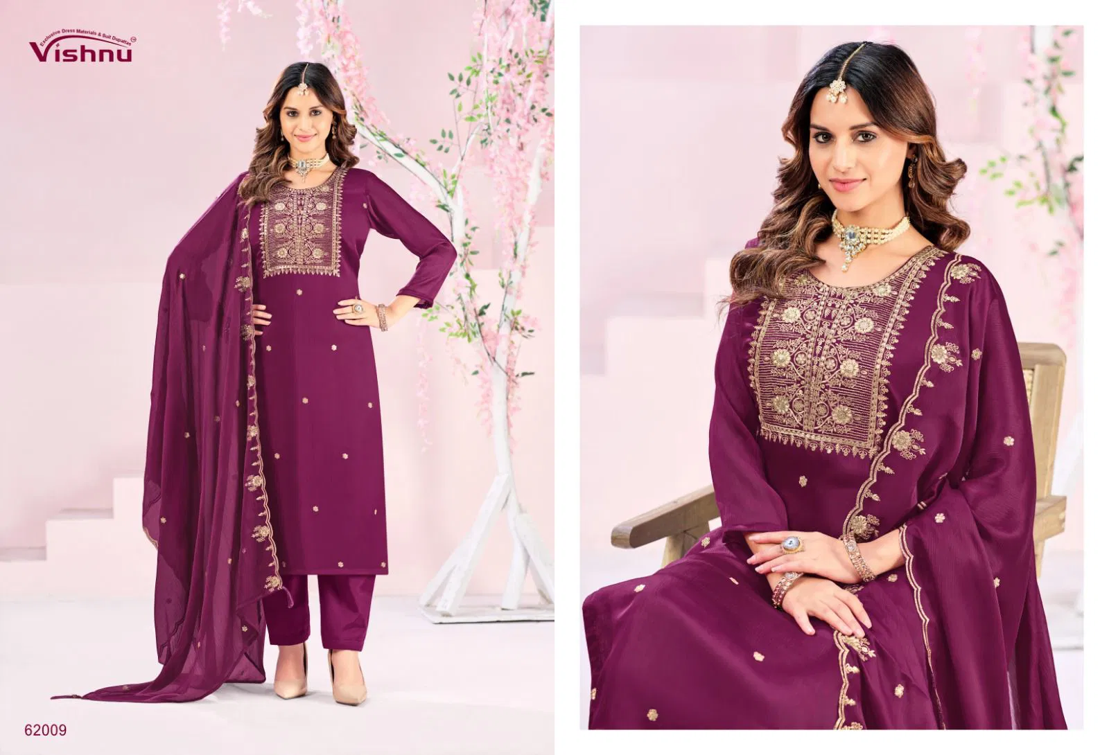 Vishnu Rubeena Satin Chiffon With Fancy Work Dress Material
