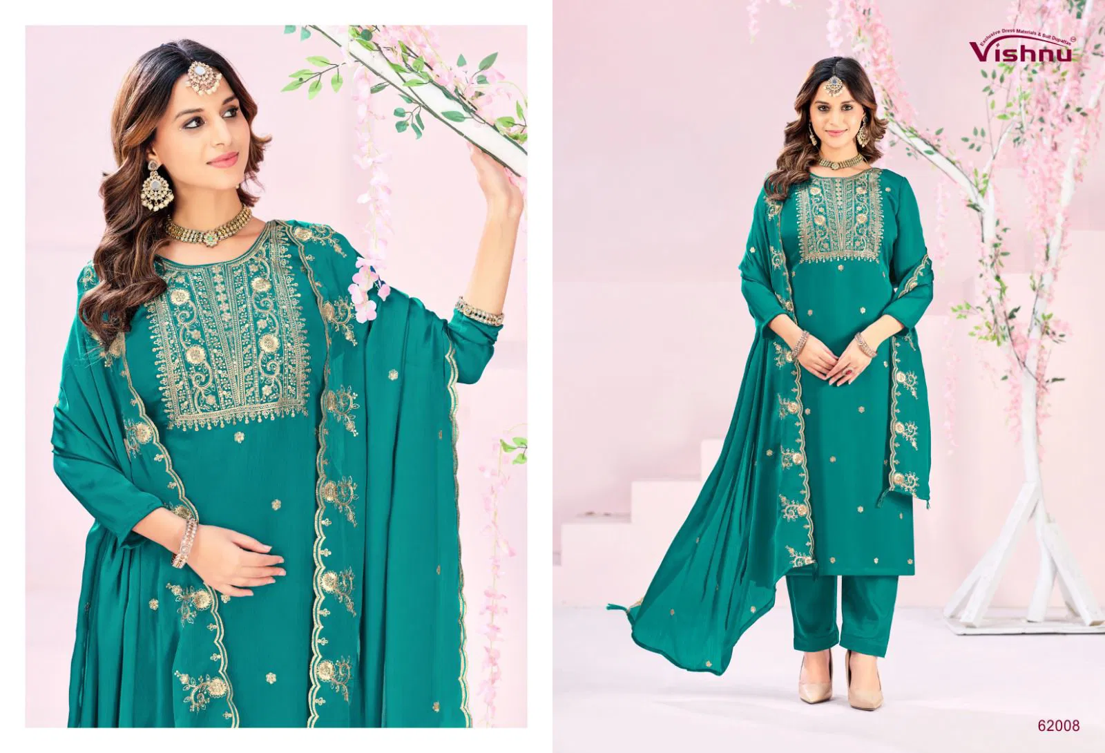 Vishnu Rubeena Satin Chiffon With Fancy Work Dress Material