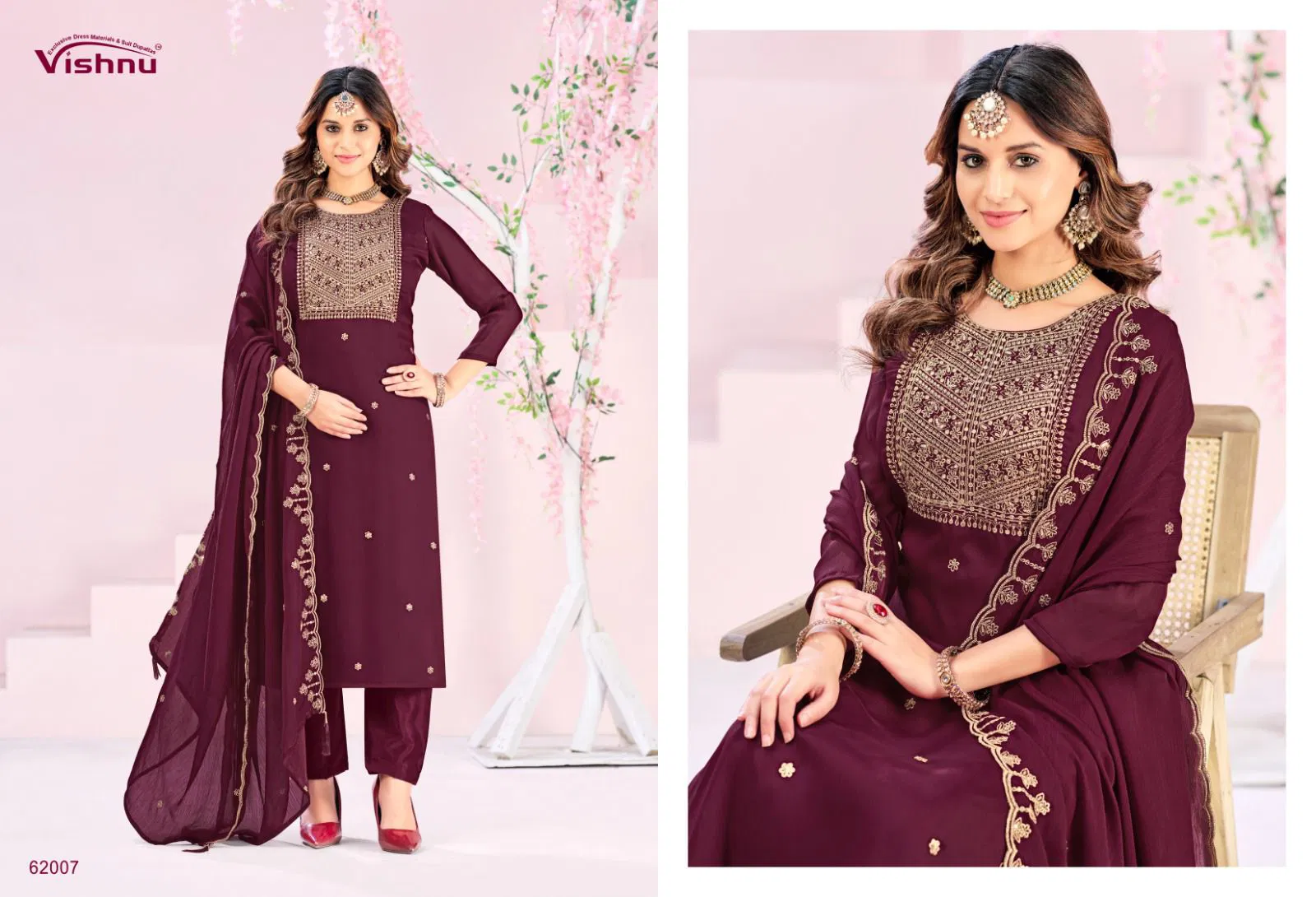 Vishnu Rubeena Satin Chiffon With Fancy Work Dress Material