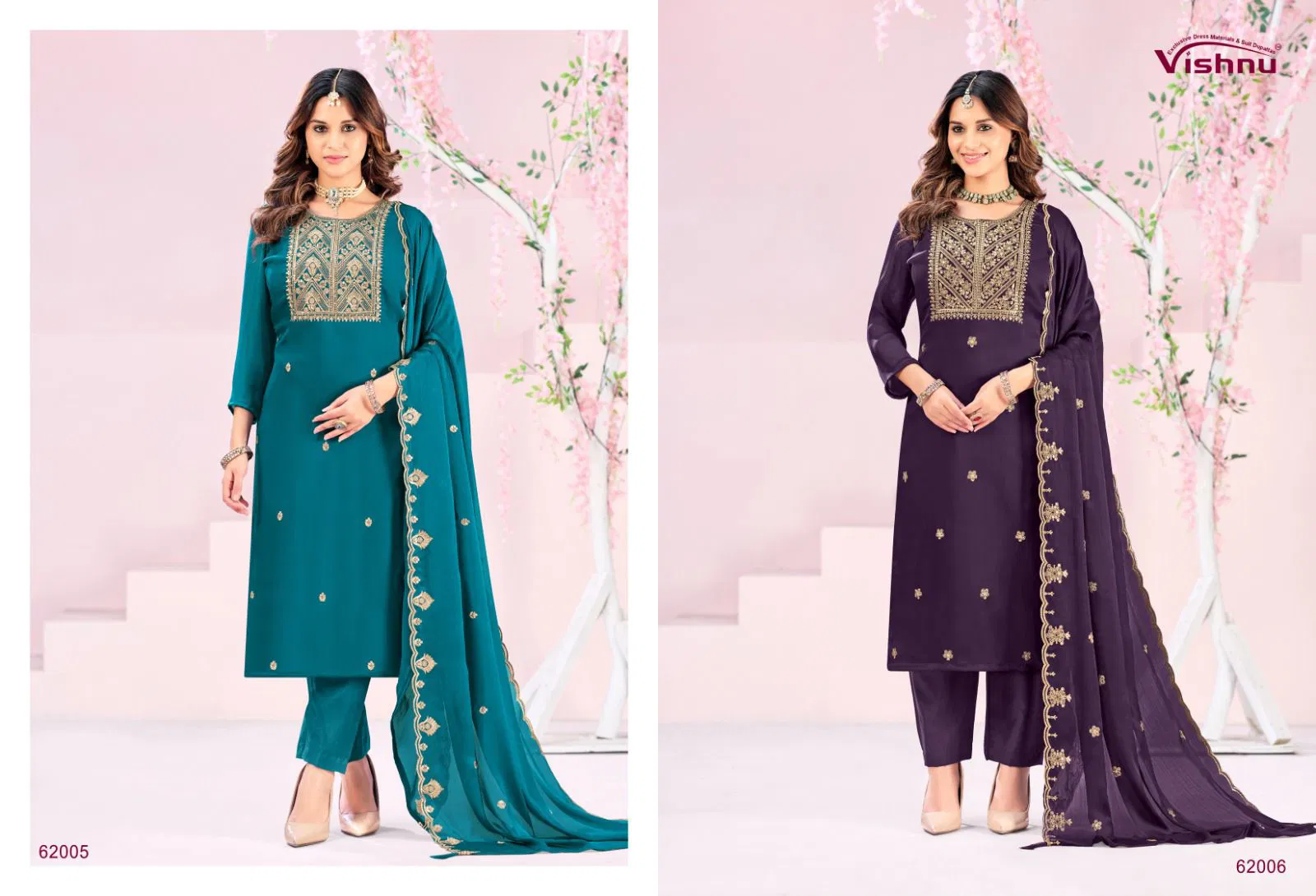 Vishnu Rubeena Satin Chiffon With Fancy Work Dress Material