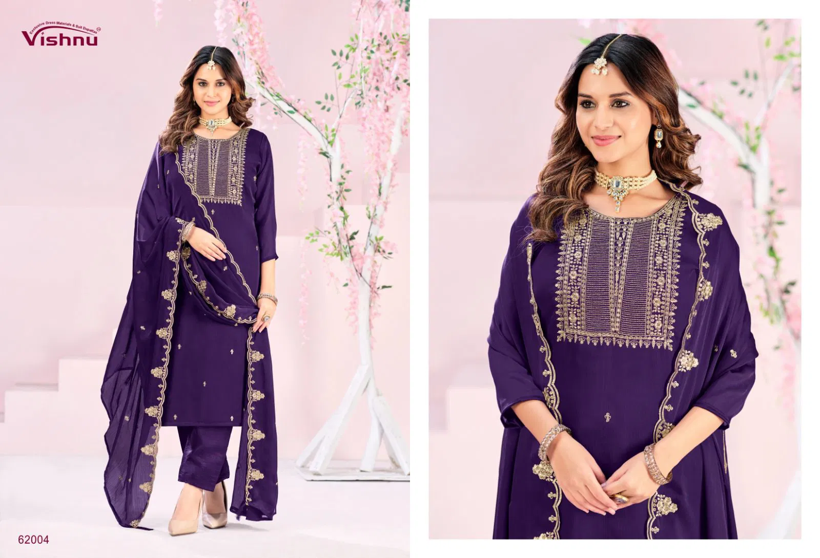 Vishnu Rubeena Satin Chiffon With Fancy Work Dress Material