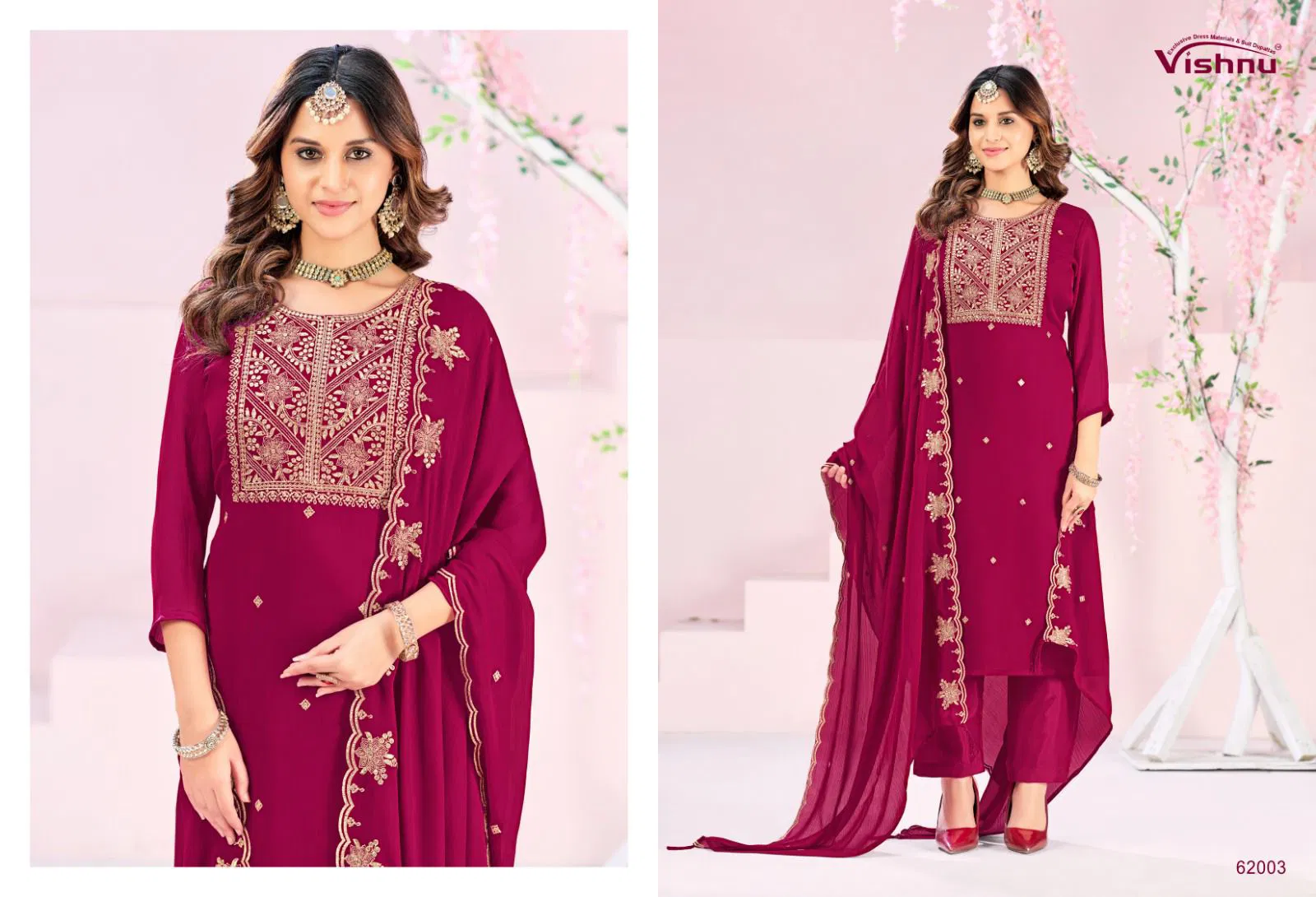 Vishnu Rubeena Satin Chiffon With Fancy Work Dress Material