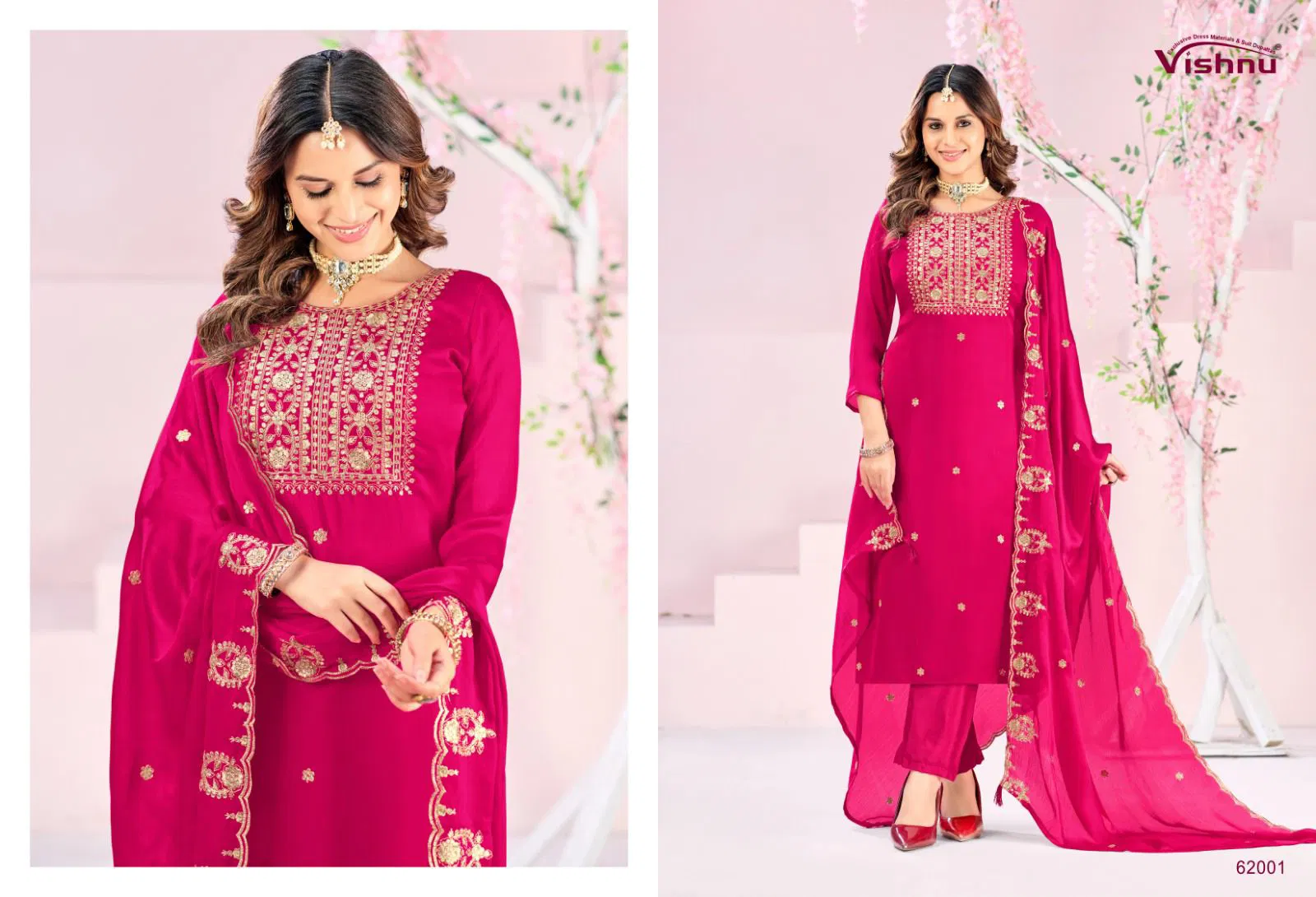 Vishnu Rubeena Satin Chiffon With Fancy Work Dress Material