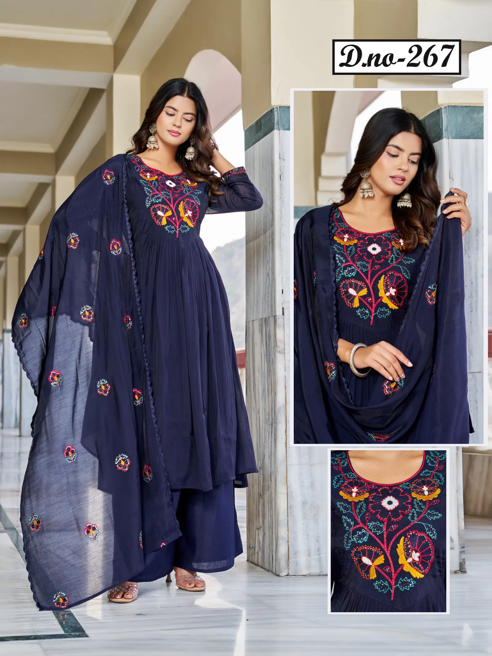 Kadlee 266 And 267 Mul Chanderi With Work Kurti Pant And Dupatta