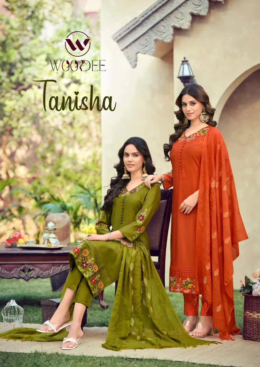 Woodee Tanisha Viscose Gadhwal Threadwork Kurti Pant And Dupatta Collection 