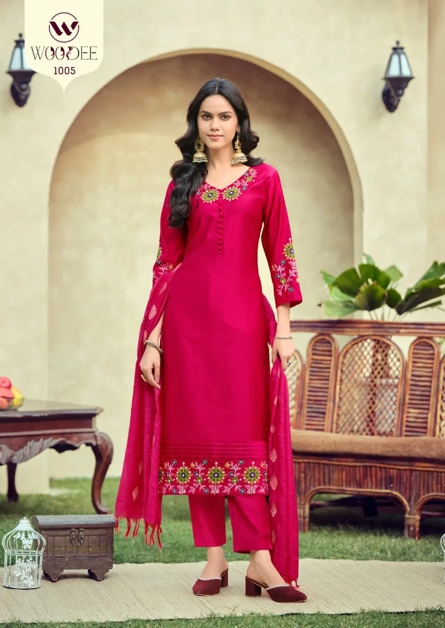Woodee Tanisha Viscose Gadhwal Threadwork Kurti Pant And Dupatta Collection 