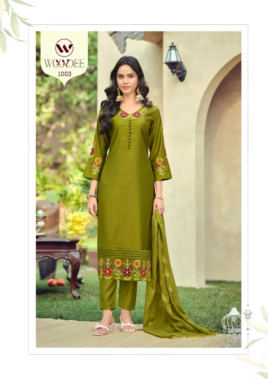 Woodee Tanisha Viscose Gadhwal Threadwork Kurti Pant And Dupatta Collection 