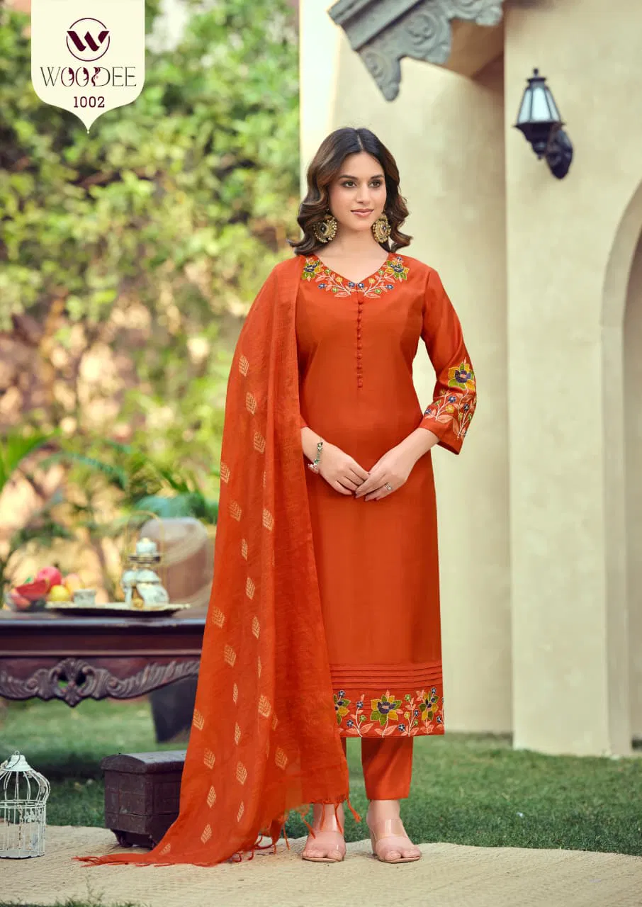 Woodee Tanisha Viscose Gadhwal Threadwork Kurti Pant And Dupatta Collection 