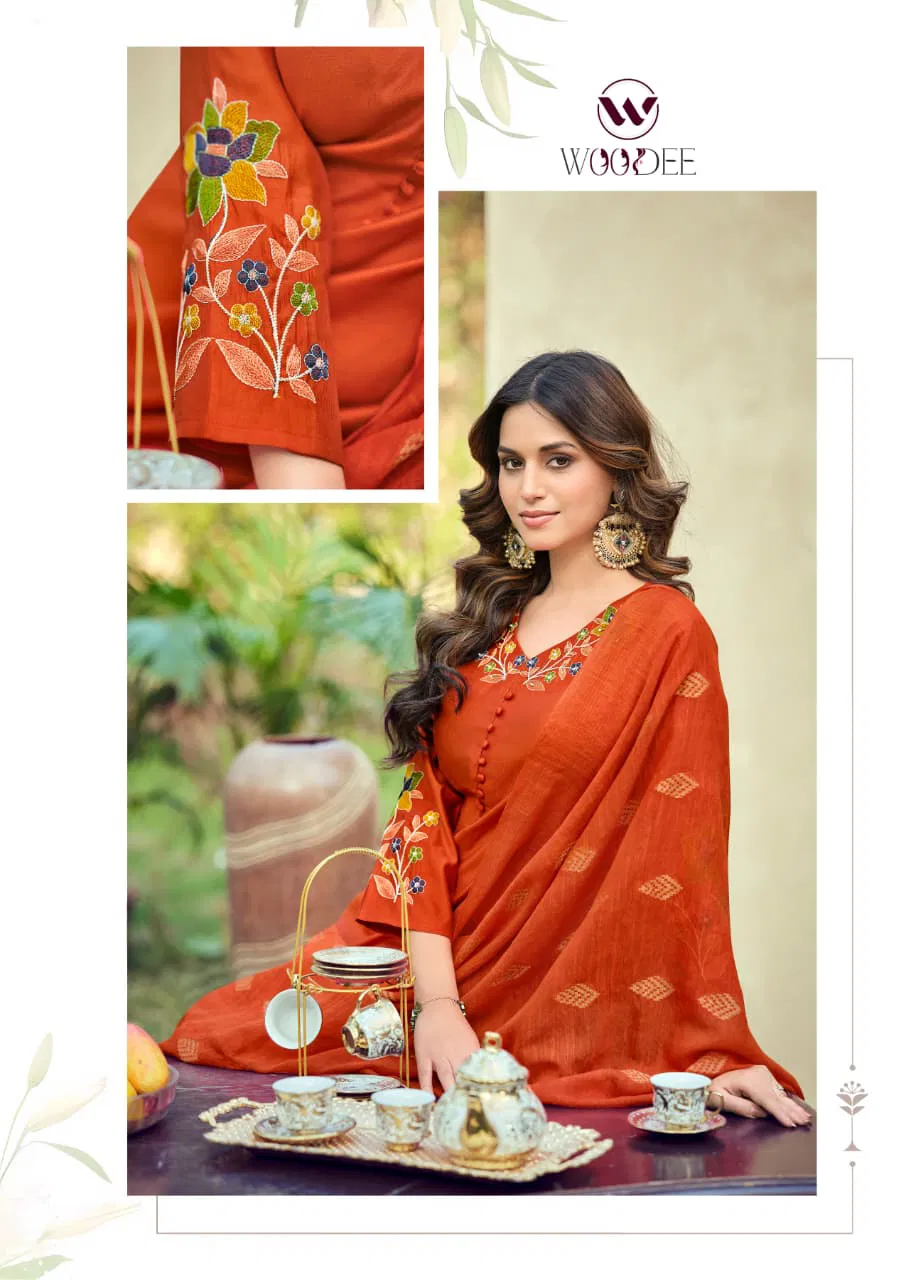Woodee Tanisha Viscose Gadhwal Threadwork Kurti Pant And Dupatta Collection 