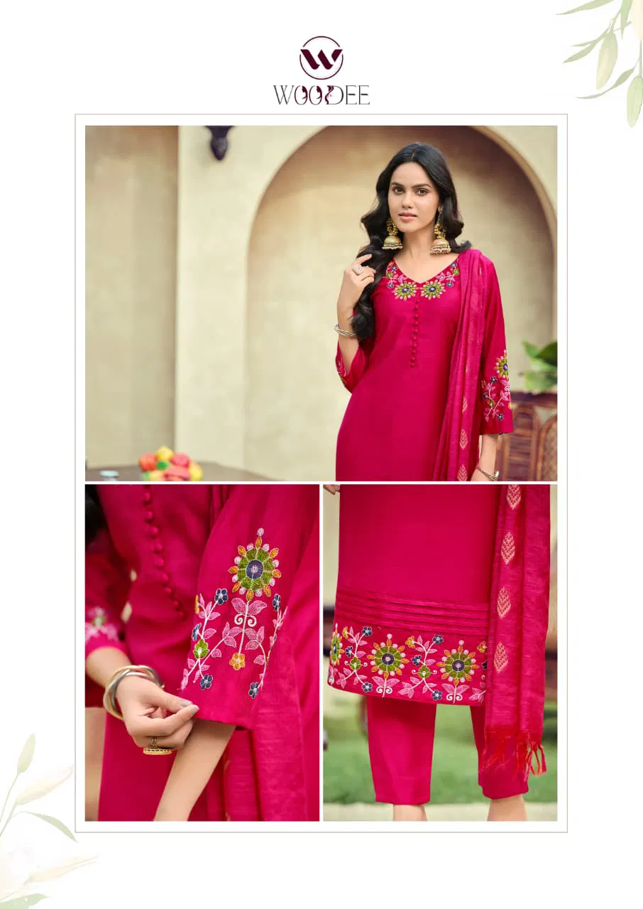 Woodee Tanisha Viscose Gadhwal Threadwork Kurti Pant And Dupatta Collection 