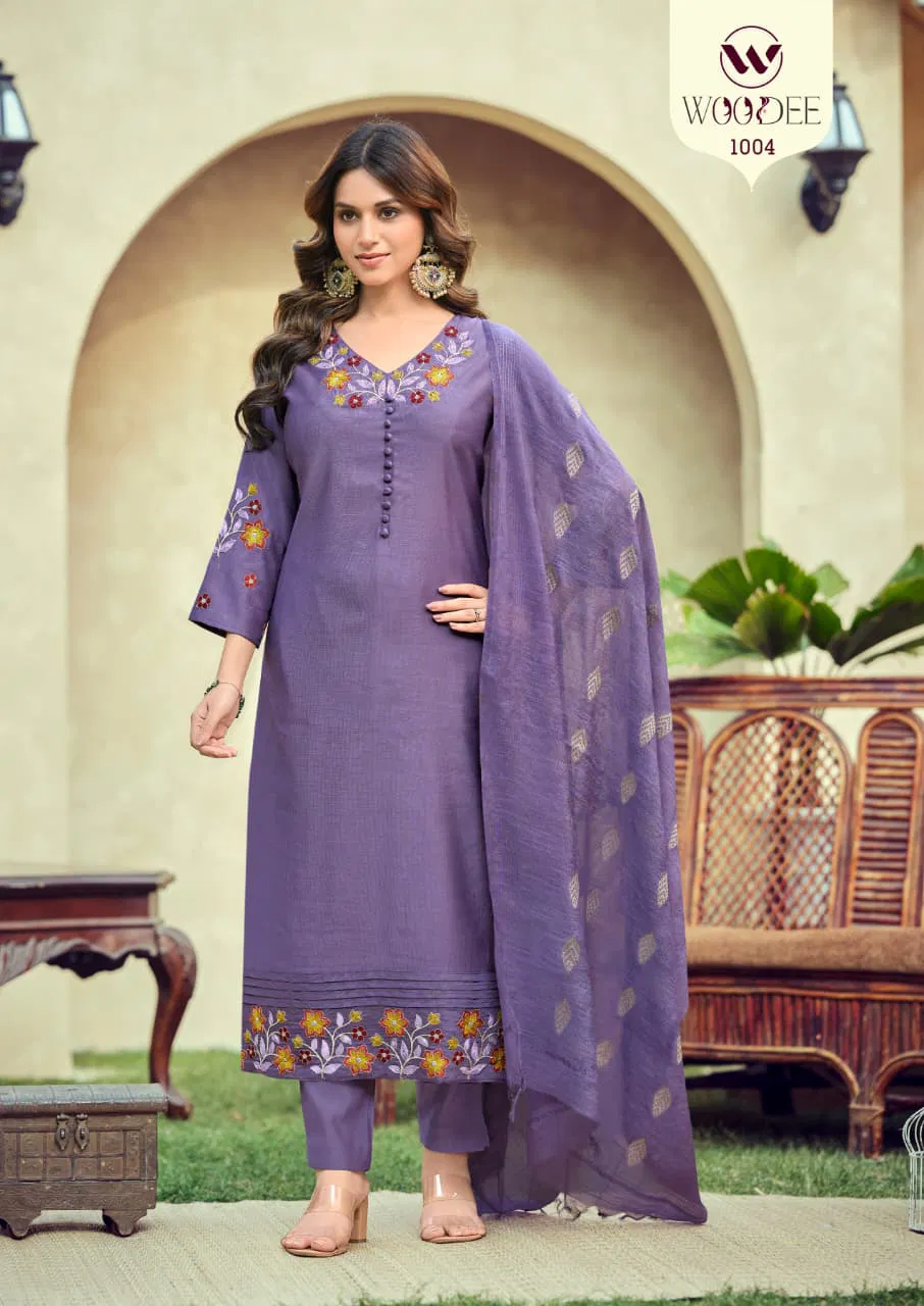 Woodee Tanisha Viscose Gadhwal Threadwork Kurti Pant And Dupatta Collection 