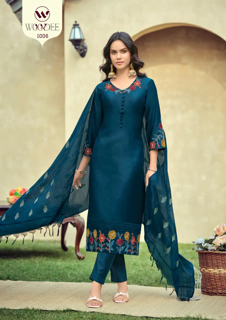 Woodee Tanisha Viscose Gadhwal Threadwork Kurti Pant And Dupatta Collection 