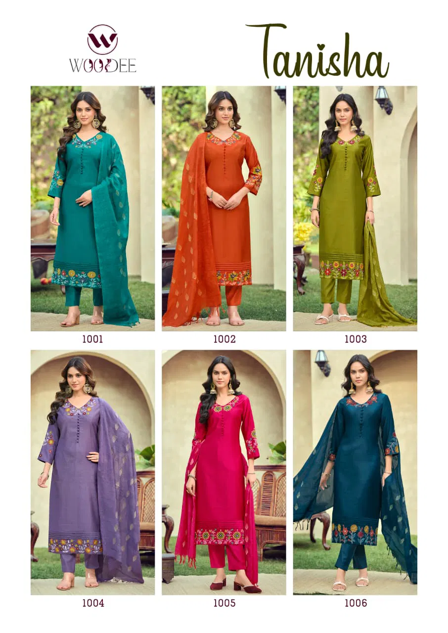 Woodee Tanisha Viscose Gadhwal Threadwork Kurti Pant And Dupatta Collection 