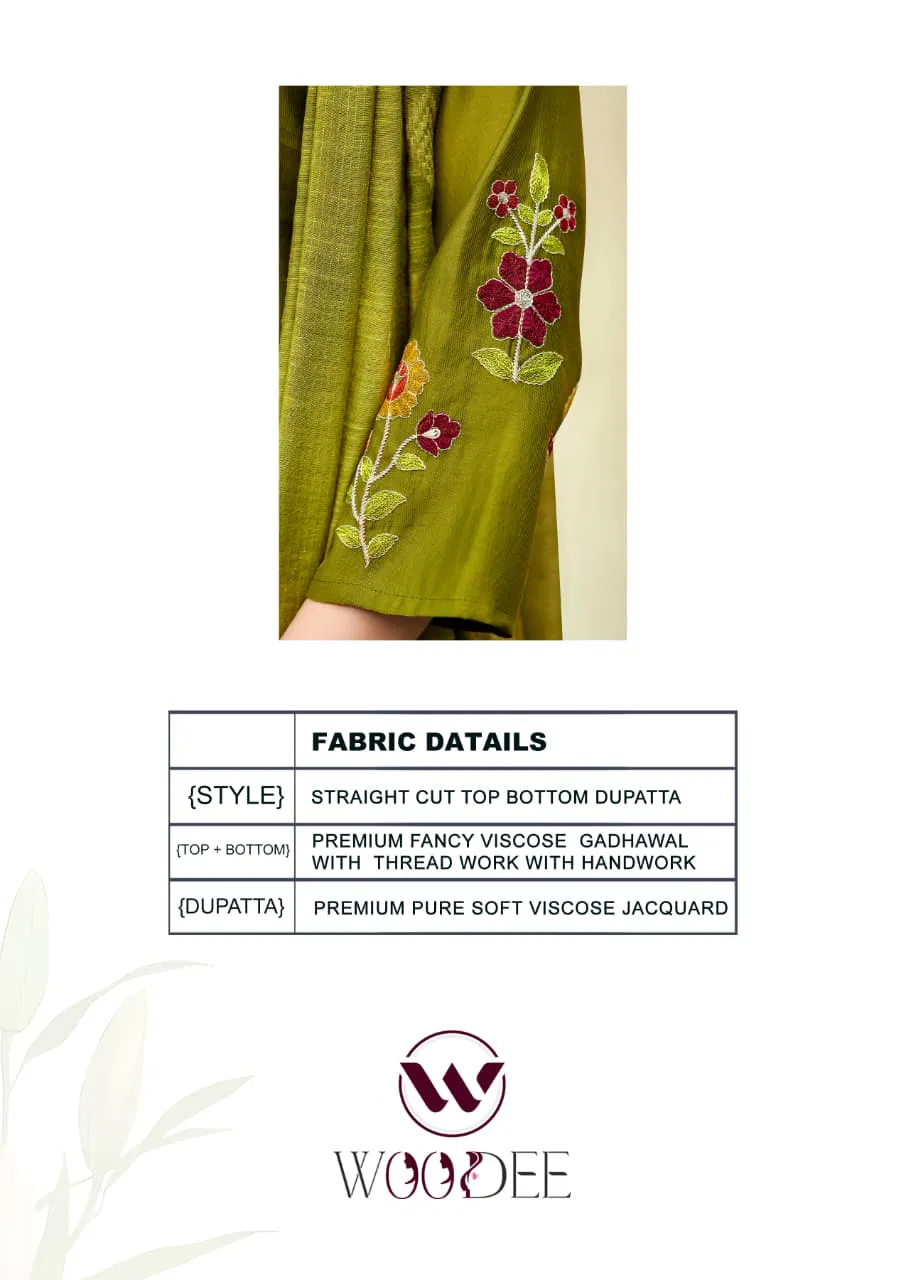 Woodee Tanisha Viscose Gadhwal Threadwork Kurti Pant And Dupatta Collection 