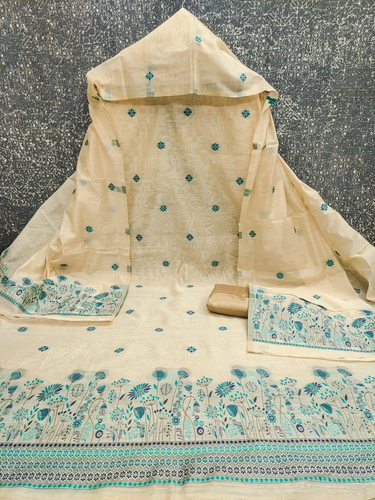 Designer Sun Flower Semi Jamdani Weaving Fancy Jaquard Dress Material Collection