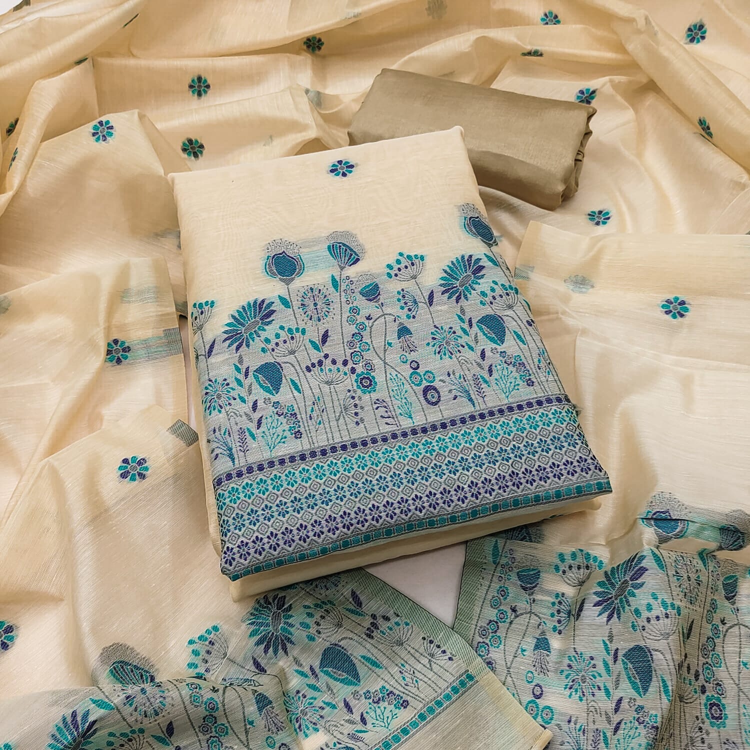 Designer Sun Flower Semi Jamdani Weaving Fancy Jaquard Dress Material Collection