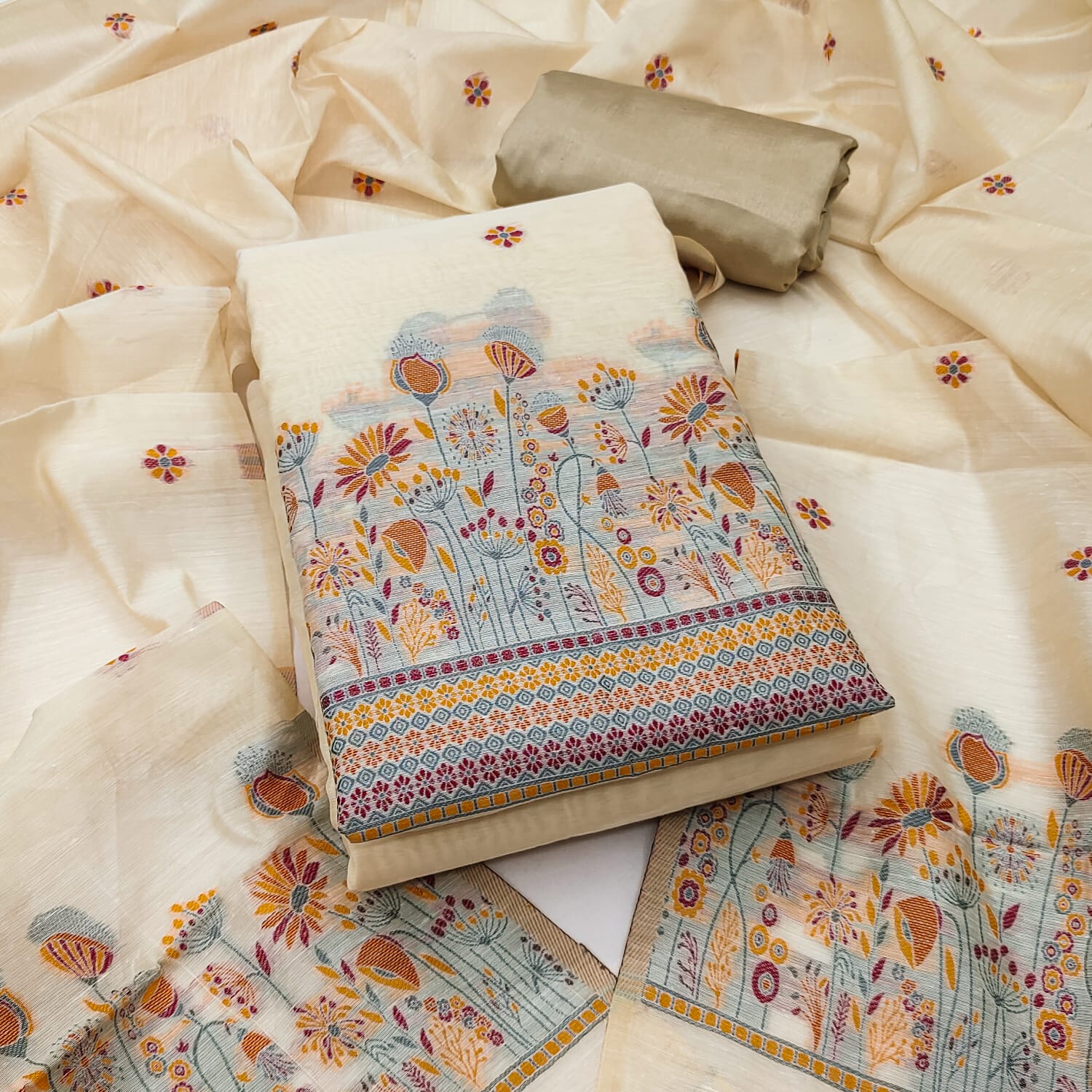 Designer Sun Flower Semi Jamdani Weaving Fancy Jaquard Dress Material Collection