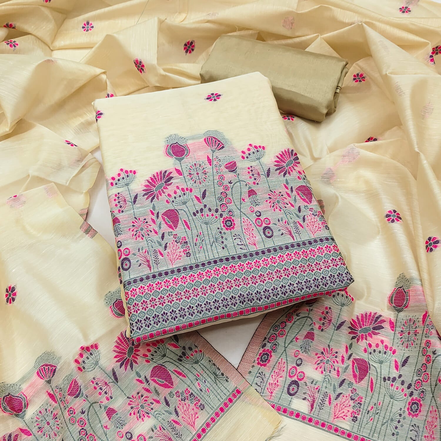 Designer Sun Flower Semi Jamdani Weaving Fancy Jaquard Dress Material Collection