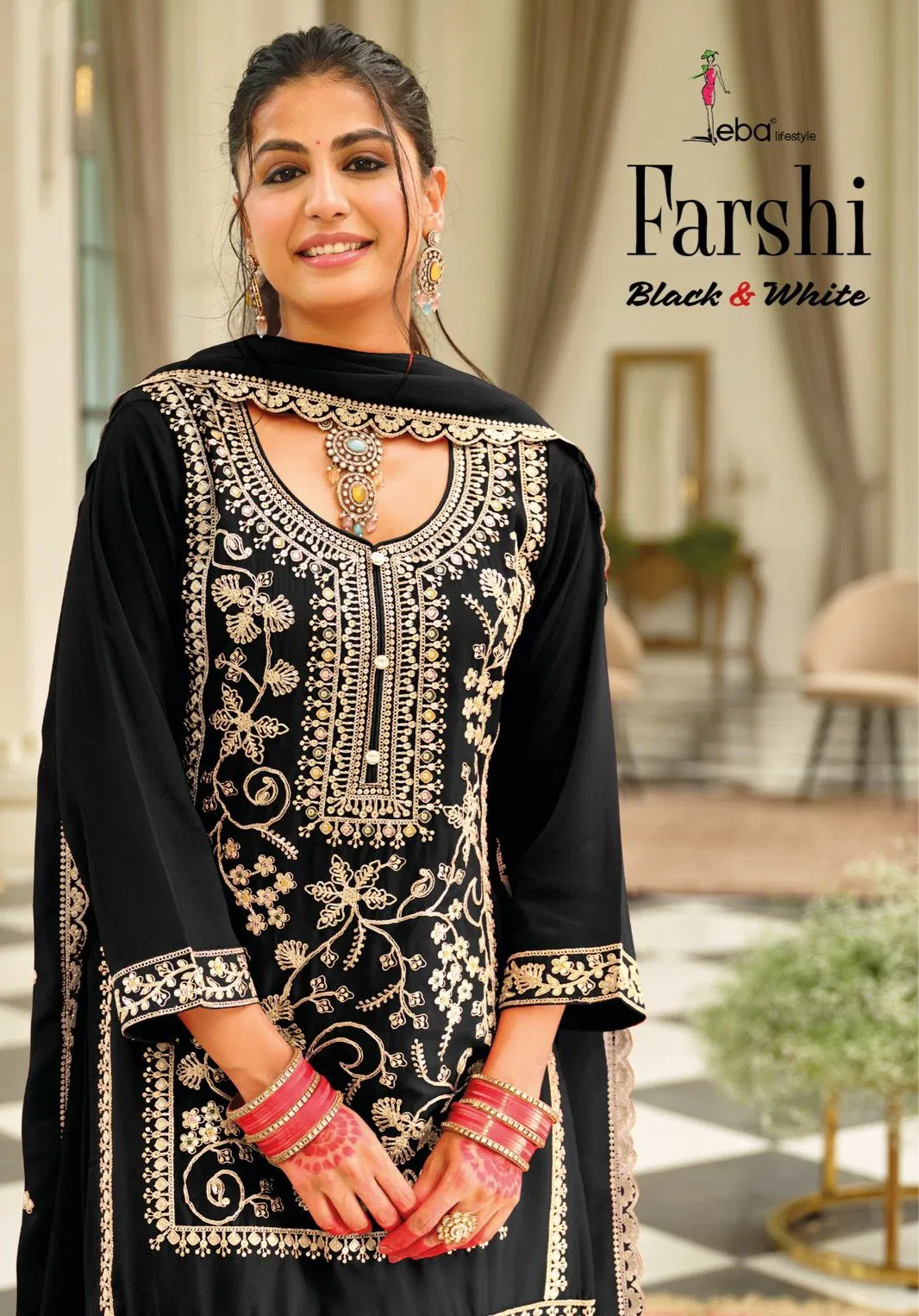 Eba Farshi Balck And White Chinon Embroidery Top Bottom And Dupatta Collection 