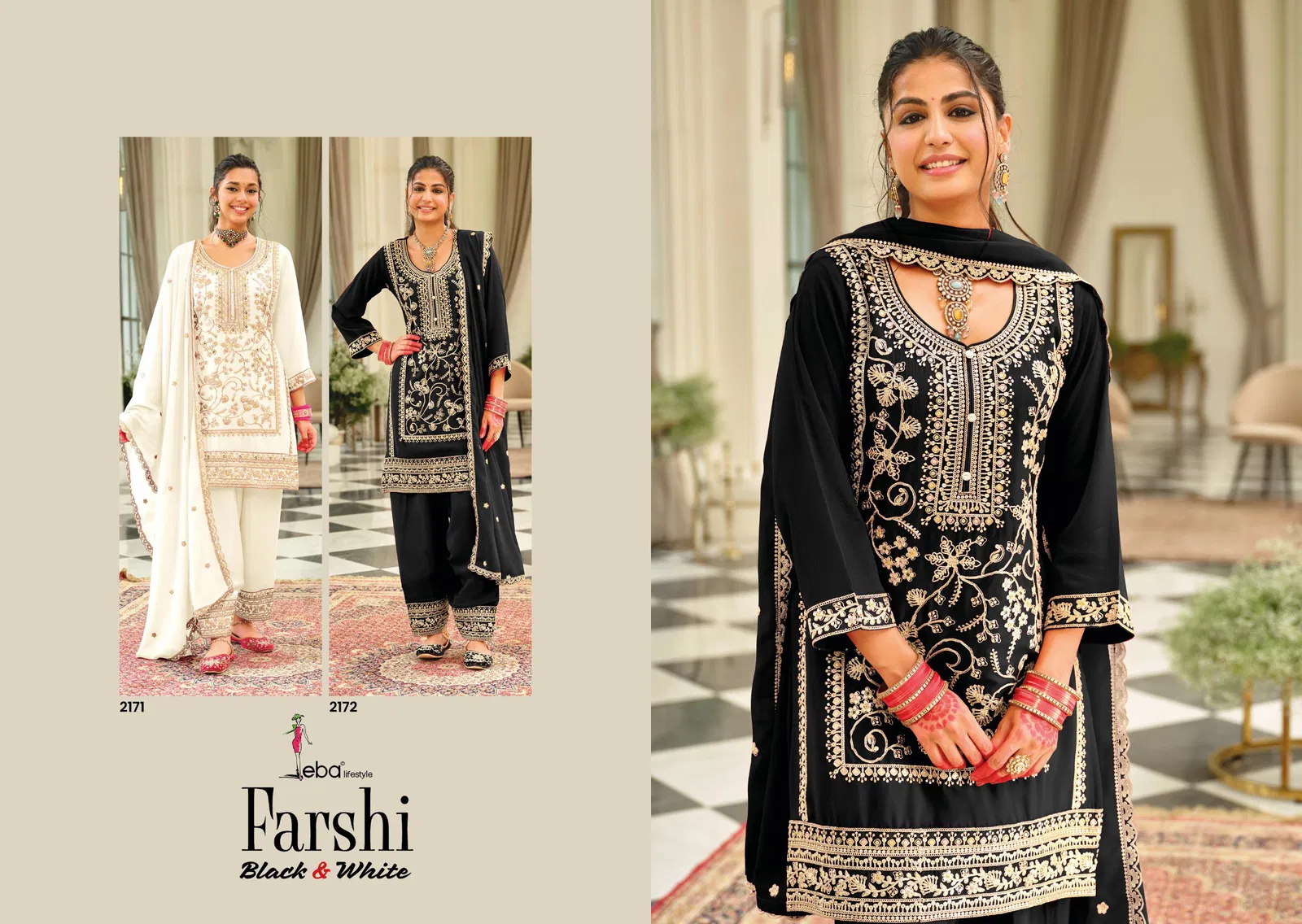Eba Farshi Balck And White Chinon Embroidery Top Bottom And Dupatta Collection 