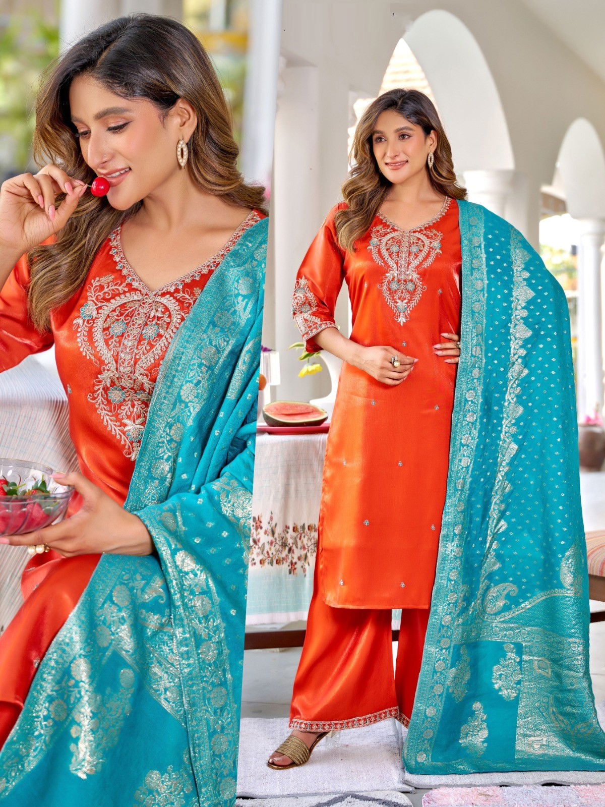 Naisha K 645 Roman Glass With Work Kurti Pant And Dupatta Collection