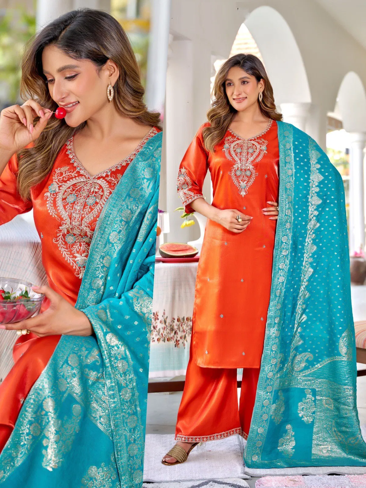 Naisha K 645 Roman Glass With Work Kurti Pant And Dupatta Collection