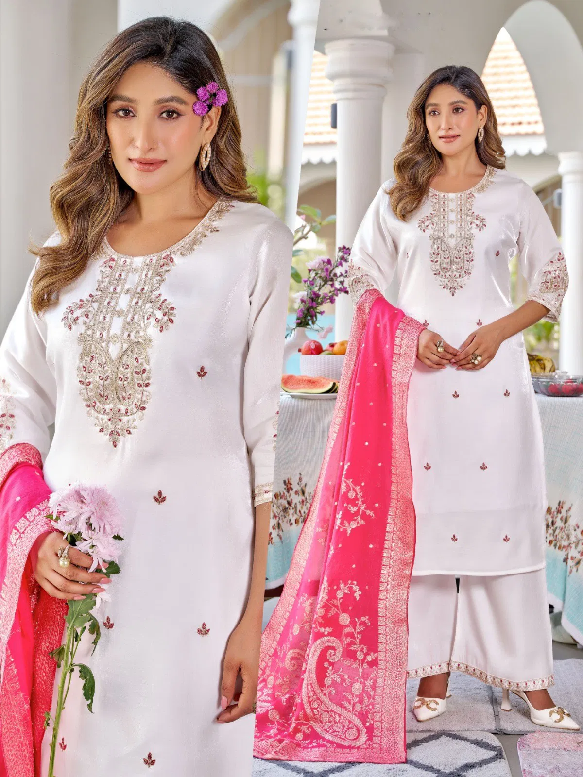 Naisha K 645 Roman Glass With Work Kurti Pant And Dupatta Collection