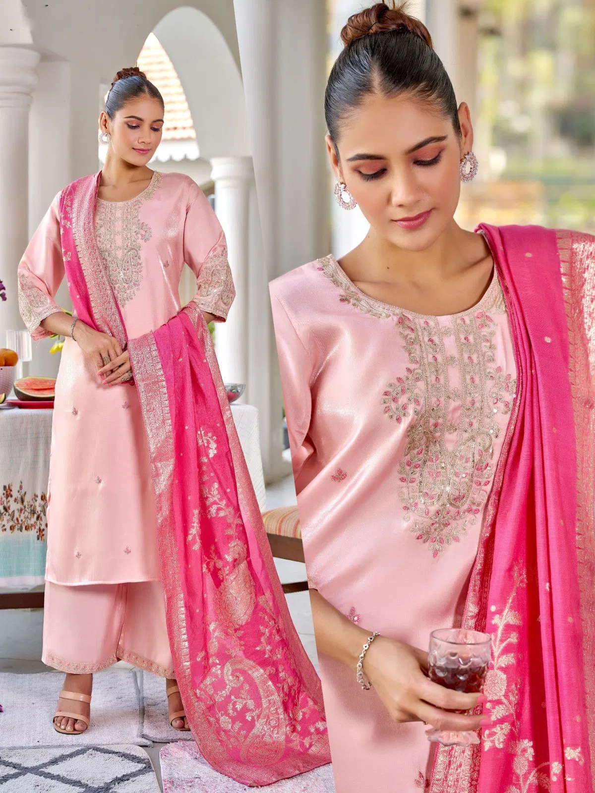 Naisha K 645 Roman Glass With Work Kurti Pant And Dupatta Collection