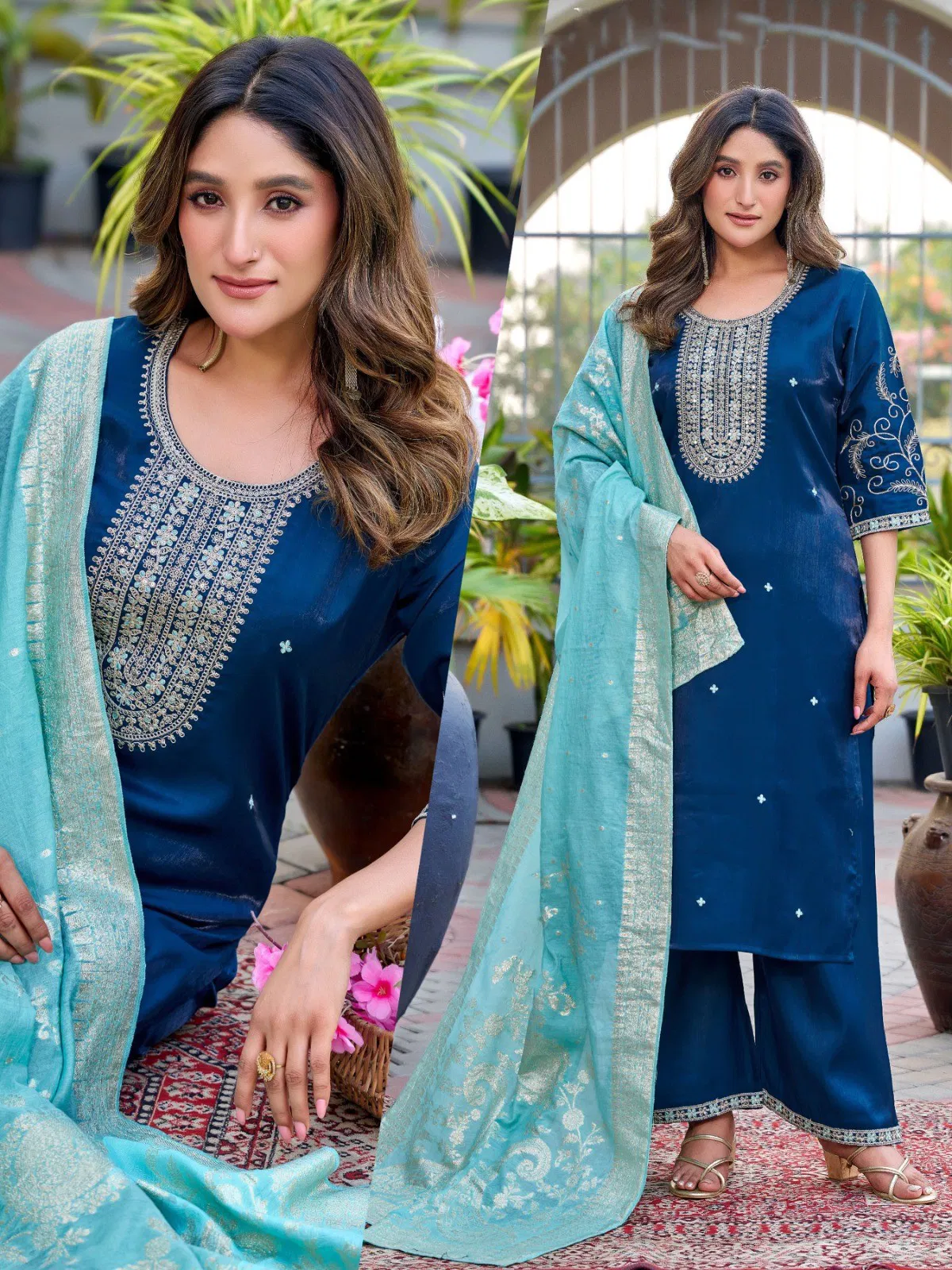 Naisha K 645 Roman Glass With Work Kurti Pant And Dupatta Collection