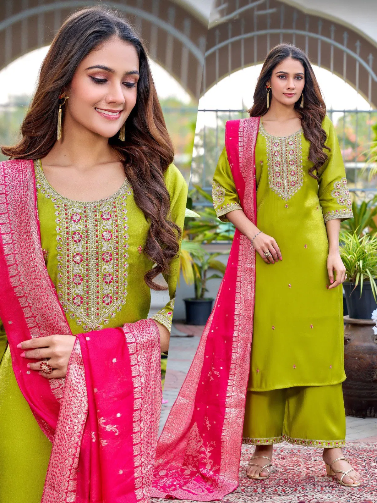 Naisha K 645 Roman Glass With Work Kurti Pant And Dupatta Collection