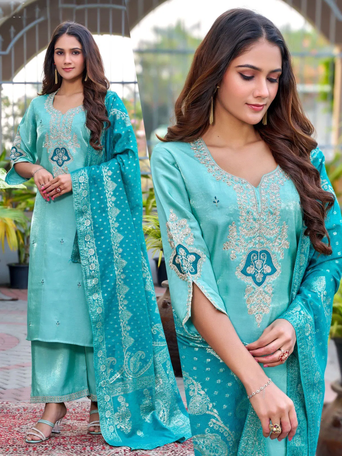 Naisha K 645 Roman Glass With Work Kurti Pant And Dupatta Collection