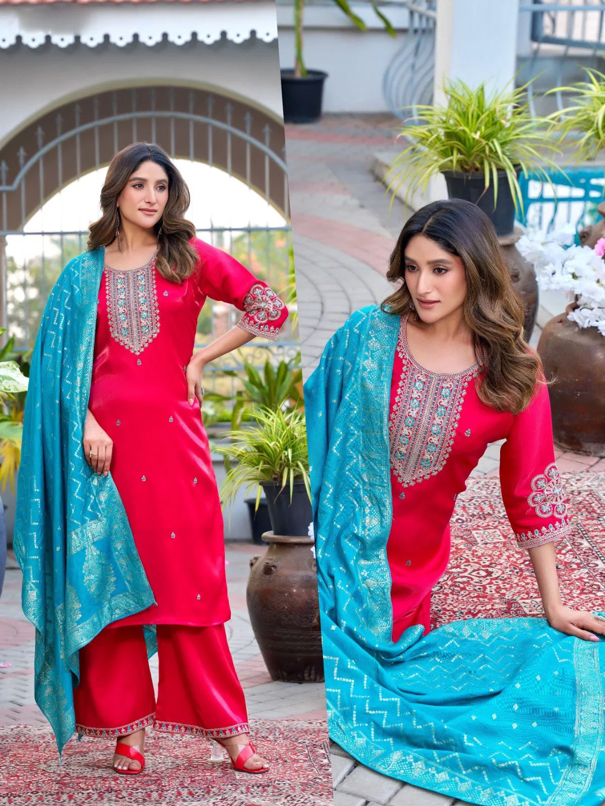 Naisha K 645 Roman Glass With Work Kurti Pant And Dupatta Collection