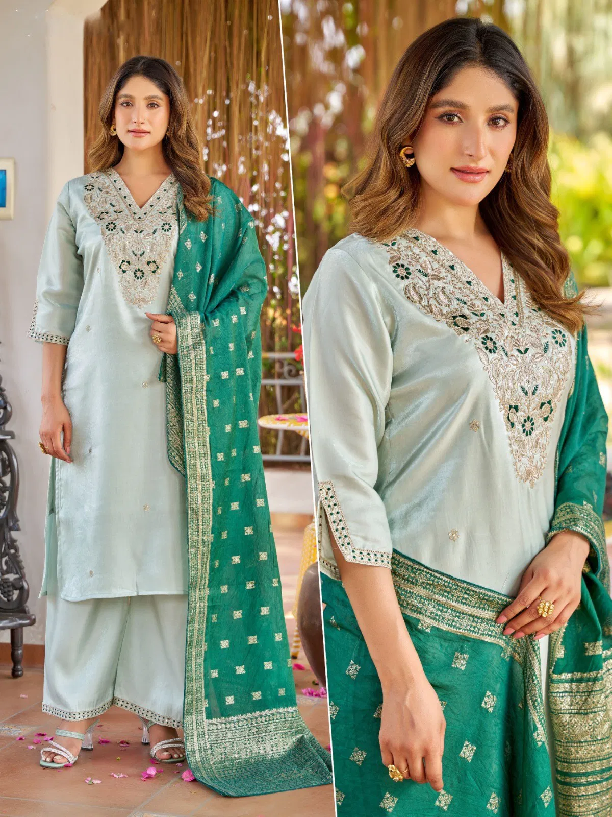 Naisha K 645 Roman Glass With Work Kurti Pant And Dupatta Collection