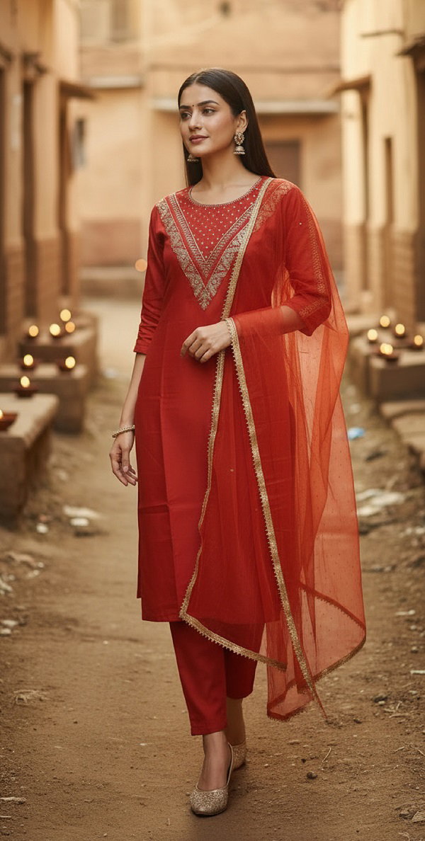 Navya Kurti 214 Party Wear Embroidery Worked Cotton Silk Kurti with Pant and Dupatta Set