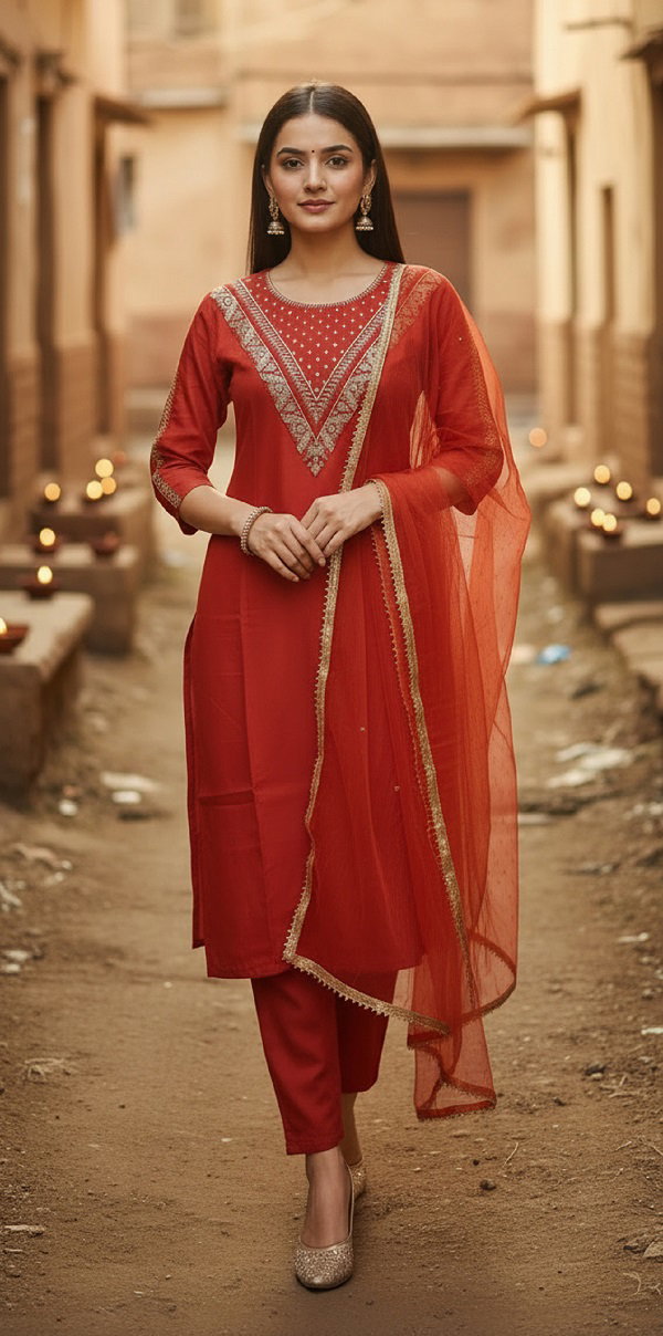Navya Kurti 214 Party Wear Embroidery Worked Cotton Silk Kurti with Pant and Dupatta Set