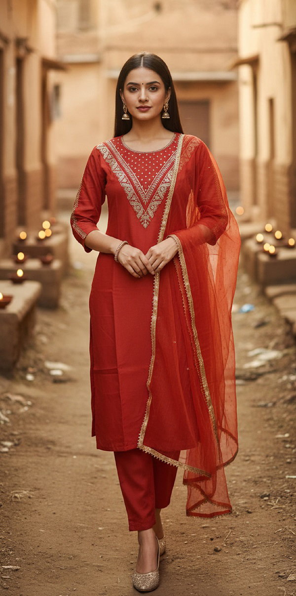 Navya Kurti 214 Party Wear Embroidery Worked Cotton Silk Kurti with Pant and Dupatta Set
