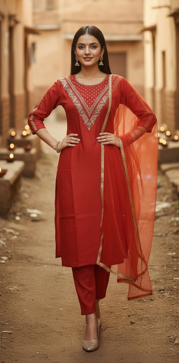 Navya Kurti 214 Party Wear Embroidery Worked Cotton Silk Kurti with Pant and Dupatta Set